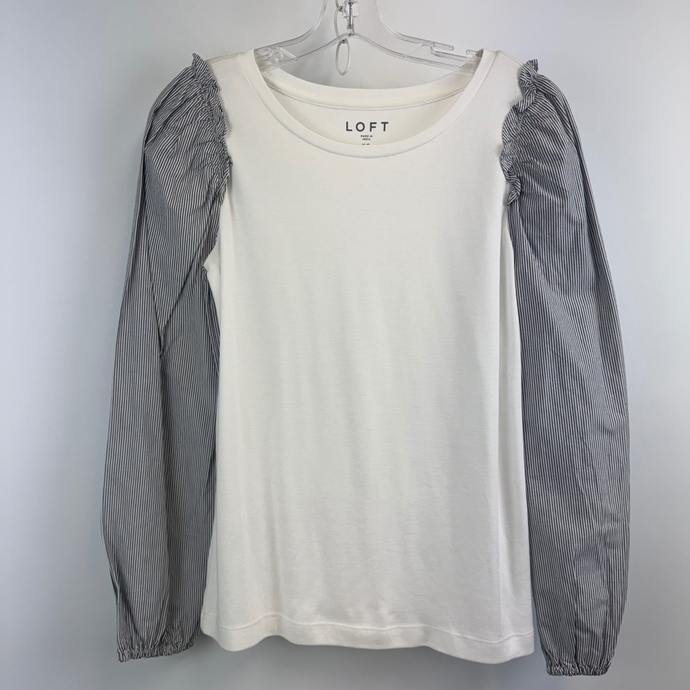 LOFT Womens Mixed Media Puff Sleeve Top White Pinstripe‎ Ruffle XS RN140923